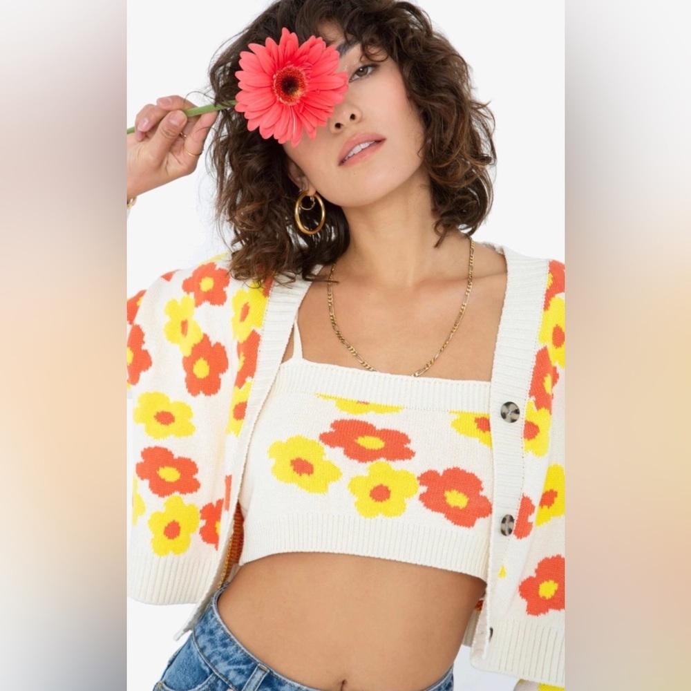 Callahan‎ Women’s Floral Beige Orange Cardigan Sweater Size S